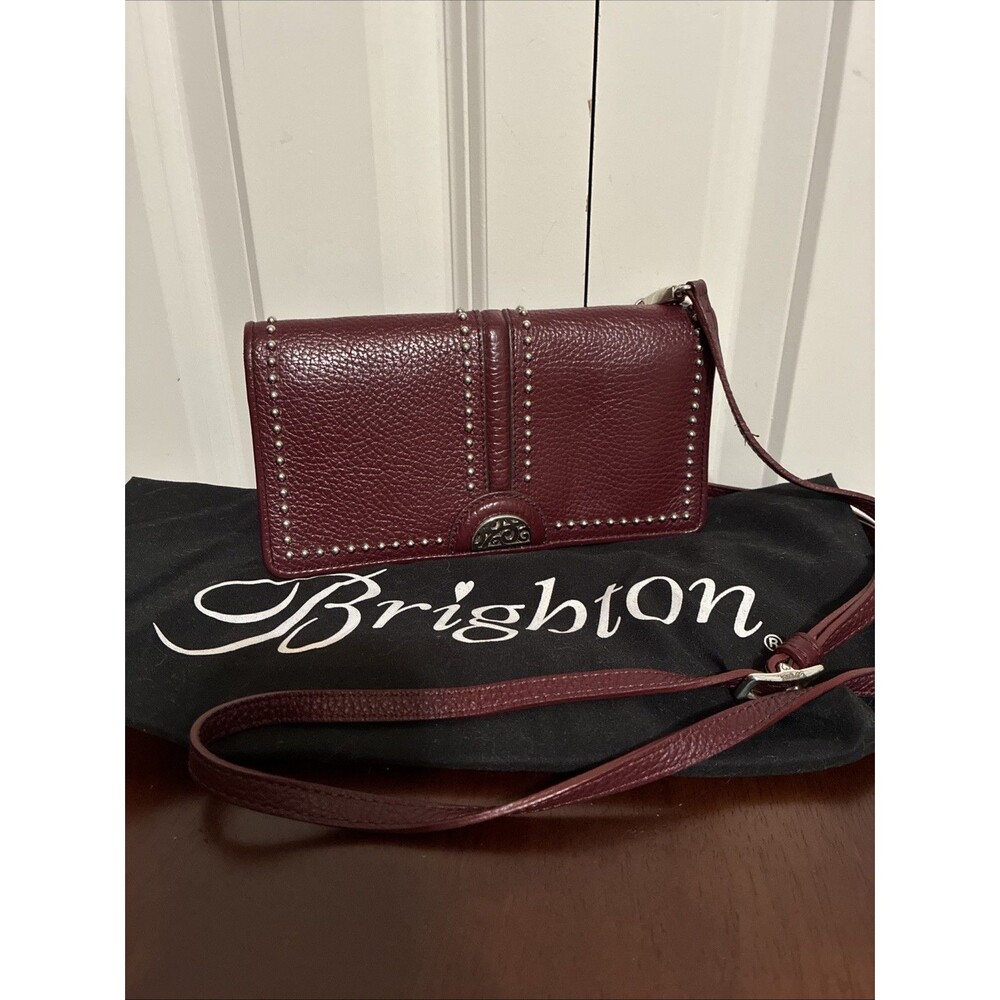 Brighton Rockmore Medium Wallet Wine Red Leather Crossbody Removable Strap Studs